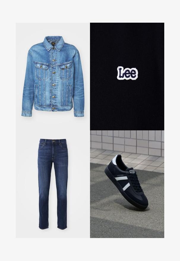 Veste en denim bleu clair au design classique, avec fermeture à boutons, deux poches poitrine et col classique. Texture douce, style décontracté.; Tissu noir avec un petit logo "Lee" brodé en blanc et bleu foncé centré.; Jean en denim bleu foncé avec une coupe droite, comprenant un design classique à cinq poches et un fermoir à bouton en métal. Détails de décoloration subtils sur le tissu.; Sneaker en cuir noir avec des rayures blanches, semelle en caoutchouc texturée et devant à lacets. Présente une étiquette de marque sur la languette.