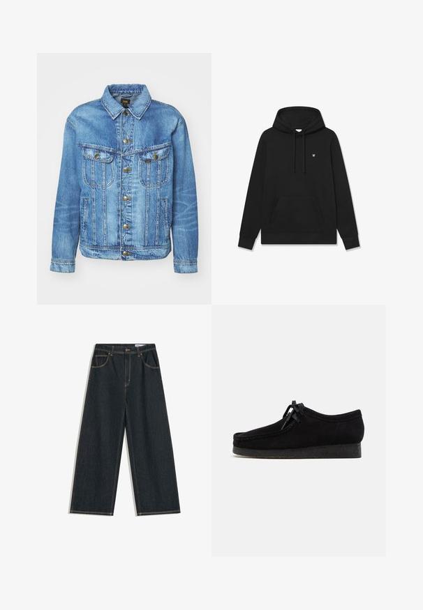 Hellblauer Denimjacke im klassischen Design, mit Knopfverschluss, zwei Brusttaschen und einem Kragen. Weiche Textur, lässiger Stil.; Schwarzer Hoodie aus Baumwolle, mit einer Fronttasche, Kapuze mit Kordelzug und einem kleinen Logo auf der oberen linken Seite. Glatte Textur.; Dunkelblaue Jeans mit weitem Bein, vorn mit Knopf, Reißverschluss und Fünf-Taschen-Design, mit sichtbaren gelben Nähten.; Schwarze Wildlederschuhe mit rundem Zehendesign, einer Schnürfront und einer strukturierten schwarzen Gummisohle. Glattes Obermaterial mit dezenten Nahtdetails.