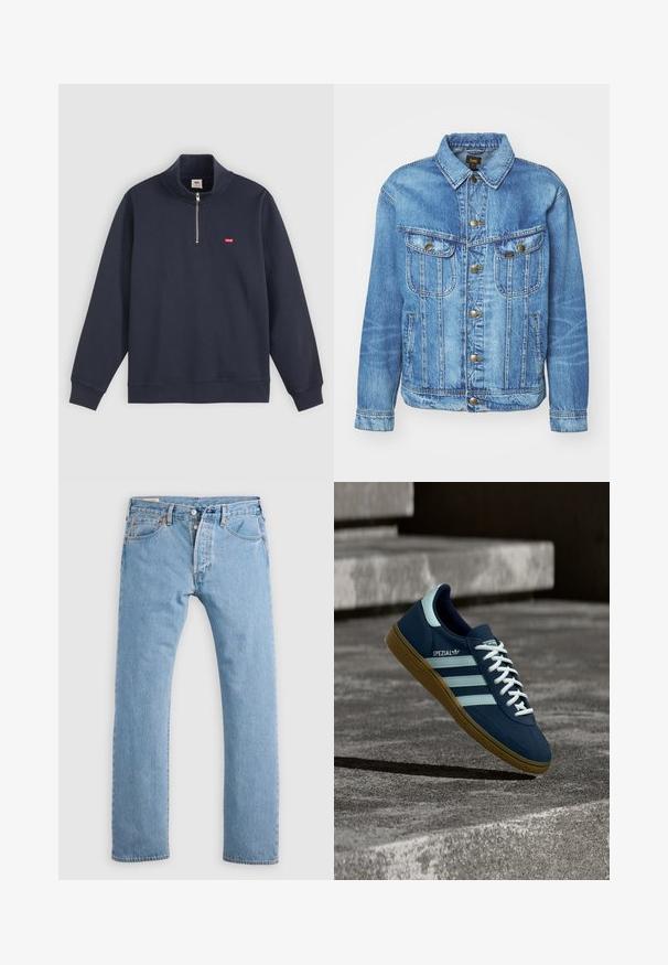 Hellblauer Denimjacke im klassischen Design, mit Knopfverschluss, zwei Brusttaschen und einem Kragen. Weiche Textur, lässiger Stil.; Marineblauer Pullover aus Baumwoll-Mix, mit hohem Kragen, halben Reißverschluss und kleinem roten Logo auf der linken Brust.; Hellblaue gerade geschnittene Jeans aus Denim mit Knopfverschluss, Gürtelschlaufen sowie Vorder- und Hintertaschen, auf einem weißen Hintergrund präsentiert.; Blauer Adidas Spezial Sneaker mit weißen Streifen und Schnürsenkeln, Gummisohle, schwebend über rauer Betonoberfläche und Treppen im Hintergrund.