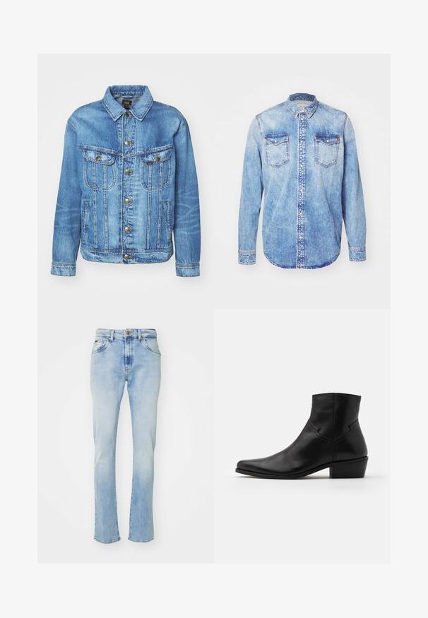 Lyseblå denimjakke med klassisk design, der har knaplukning, to brystlommer og en krave. Blød tekstur, afslappet stil.; Lysblå denimskjorte med lange ærmer, knap-ned krave, to brystlommer og kontrastsyetning. Rundet kant og klassisk pasform.; Lyseblå denim jeans med lige pasform, der har fem lommer, knaplukning og subtil falming ved lårene og kanten.; Sort læder ankelstøvle med spids tå, minimale syninger, en mellem-høj blokhælt og en glat, poleret finish.