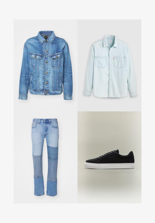 Lichtblauwe denimjas met een klassiek ontwerp, voorzien van een knoopsluiting, twee borstzakken en een kraag. Zachte textuur, casual stijl.; Lichtblauw denim overhemd met lange mouwen, knopen aan de voorkant, twee borstzakken en een kraag, afgebeeld tegen een effen lichte achtergrond.; Levi's® 501® LEVI'S® ORIGINAL - Straight leg jeans - blue denim; Zwarte lage sneaker met witte rubberen zool, vetersluiting en gevoerde kraag, weergegeven tegen een neutrale grijze achtergrond.
