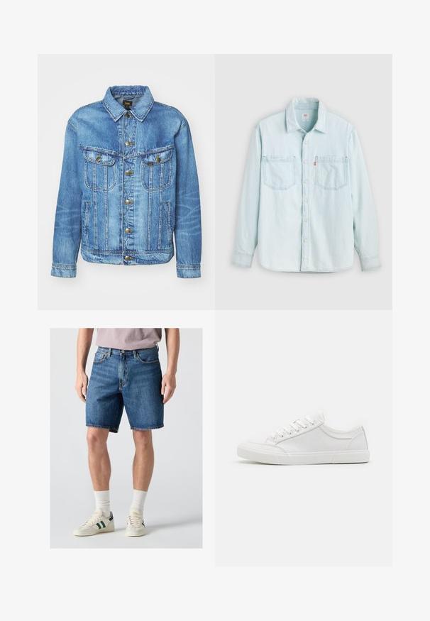 Lyseblå denimjakke med klassisk design, der har knaplukning, to brystlommer og en krave. Blød tekstur, afslappet stil.; Lyseblå denimskjorte med lange ærmer, knaplukning foran, to brystlommer og krave, vist mod en ensfarvet lys baggrund.; Mand iført blå denimshorts i midterlængde, hvide sokker og hvide sneakers med mørkegrønne striber på en lys baggrund.; Hvide sneakers med en glat læderoverdel, rund tå, flad gummisål og seks øjestik til snørebånd. Subtile syninger og minimalistisk design.