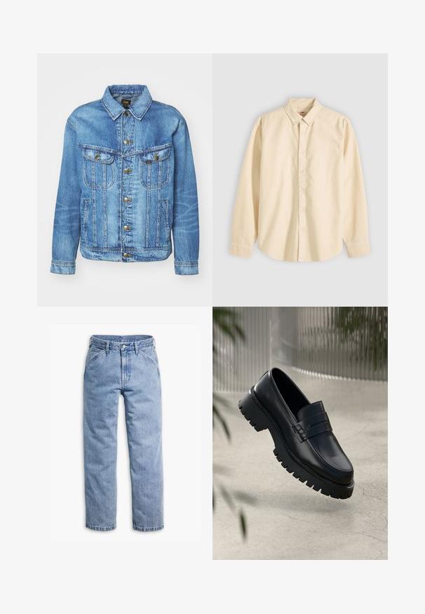 Lyseblå denimjakke med klassisk design, der har knaplukning, to brystlommer og en krave. Blød tekstur, afslappet stil.; Langærmet beige skjorte med knapper og krave, lagt fladt med knapperne lukket og manchetterne knappede på en lys baggrund.; Lyseblå straight-leg denimjeans med forreste knap- og lynlås, bæltestropper og skrå forlommer.; Sorte læder loafers med en chunky sål, der har en dekorativ rem og syninger. Glat tekstur med en poleret overflade.