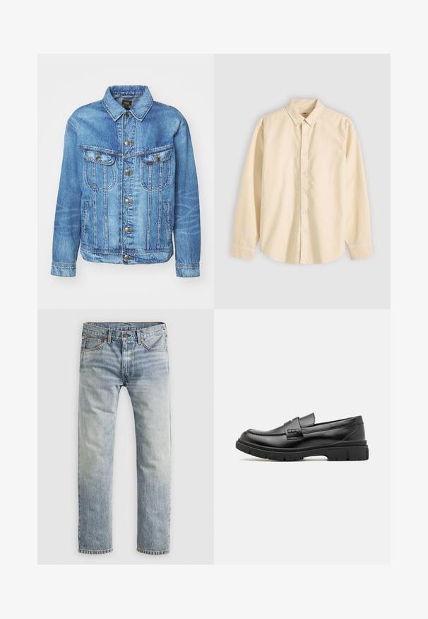 Hellblauer Denimjacke im klassischen Design, mit Knopfverschluss, zwei Brusttaschen und einem Kragen. Weiche Textur, lässiger Stil.; Langärmliges, beige Hemd mit Knöpfen und Kragen, flach liegend dargestellt, mit geschlossenen Knöpfen und Manschetten auf hellem Hintergrund.; Hellblaue gerade geschnittene Jeans mit Knopfverschluss, Fronttaschen und Gürtelschlaufen, flach auf weißem Hintergrund präsentiert.; Schwarze Lederloafer mit einem breiten Riemen über dem Rist, Gummisohle mit dicken Profilen und glatter Textur. Klassisches, schlankes Design.