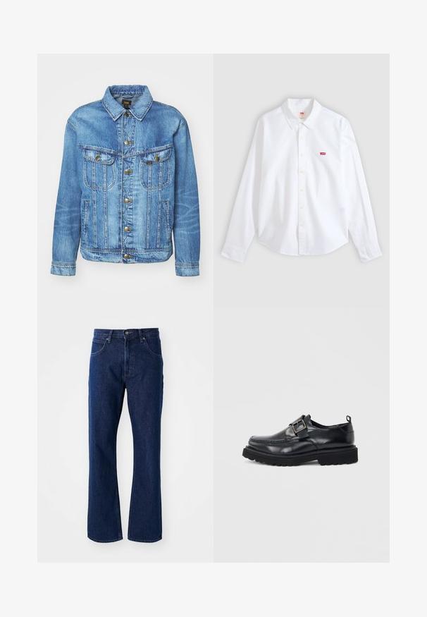 Lyseblå denimjakke med klassisk design, der har knaplukning, to brystlommer og en krave. Blød tekstur, afslappet stil.; Hvid langærmet skjorte med knapper og krave samt lille rødt Levi's-logo på venstre brystområde på en neutral baggrund.; Mørkeblå lige ben denim jeans med knap- og lynlås-lukning, bæltestropper og forlommer på en ensfarvet baggrund.; Sort læderloafer med tyk sål og sølvspændebånd på siden mod hvid baggrund.