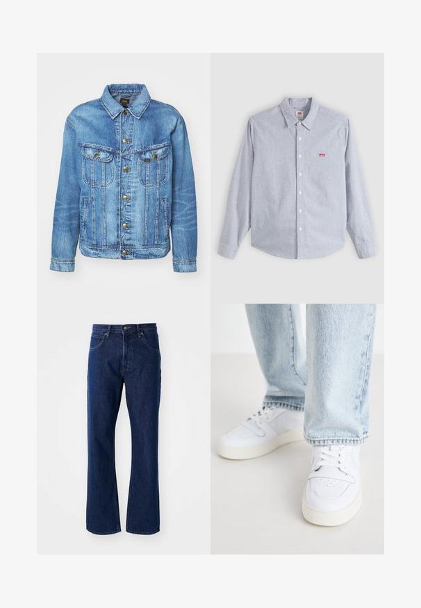 Lichtblauwe denimjas met een klassiek ontwerp, voorzien van een knoopsluiting, twee borstzakken en een kraag. Zachte textuur, casual stijl.; Overhemd met lange mouwen, lichtblauw en wit gestreept, met knopen, kraag en klein rood Levi's-logo op de linkerborst.; Donkerblauwe rechte denim jeans met knoop- en ritsluiting, riemlussen en voorzakken tegen een effen achtergrond.; Witte leren lage sneakers met geperforeerde neus, platte veters en een minimalistisch ontwerp. Gecombineerd met lichtblauwe denim jeans.