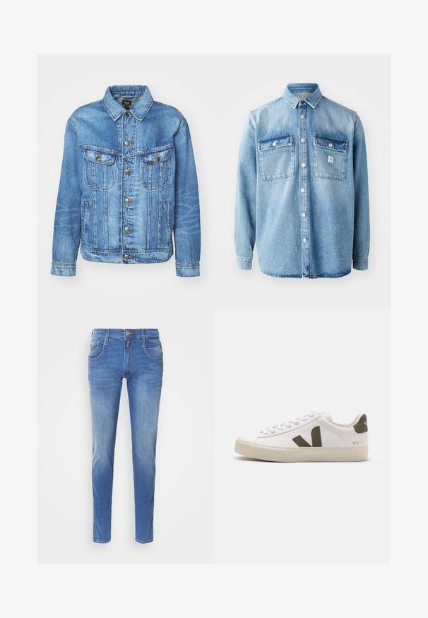 Lyseblå denimjakke med klassisk design, der har knaplukning, to brystlommer og en krave. Blød tekstur, afslappet stil.; Lys blå denimskjorte med lange ærmer, spidse krave, to brystlommer og frontknaplukning. Har en subtil stoftekstur og syningsdetaljer.; Blå denimjeans med slim fit. Har fem lommer, lukning med knap foran og let falming på benene. Lige benudskæring.; Hvide læder sneakers med en lys beige gummisål. Har en brun ruskinds V-logo og hælflap. Snørret lukning med en struktureret overflade.