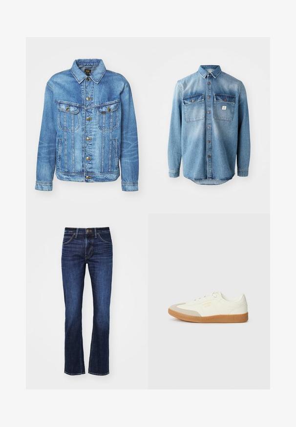 Veste en denim bleu clair au design classique, avec fermeture à boutons, deux poches poitrine et col classique. Texture douce, style décontracté.; Chemise en denim bleu clair à manches longues, avec deux poches sur la poitrine, fermeture à boutons à l'avant et des dessus de poche plus foncés en contraste. Présente un ourlet arrondi.; Jean en denim bleu foncé avec une coupe droite, comportant cinq poches, une fermeture à bouton et un léger délavage à l'avant.; Baskets en cuir blanc avec une coque beige et une semelle en caoutchouc marron clair. Dotées de lacets blancs plats et d'un logo embossé sur le côté.