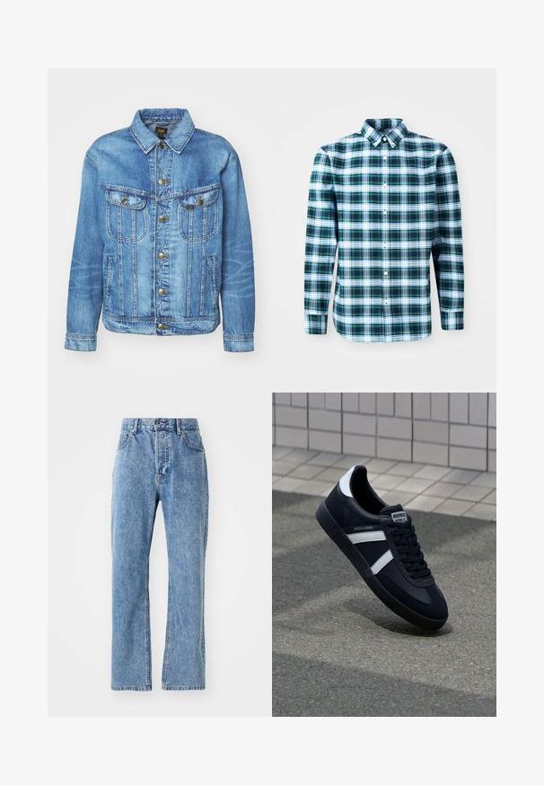 Hellblauer Denimjacke im klassischen Design, mit Knopfverschluss, zwei Brusttaschen und einem Kragen. Weiche Textur, lässiger Stil.; Grün-weiße karierte Langarmbluse mit klassischem Kragen und Knöpfen an der Vorderseite. Aus leichtem Stoff gefertigt, mit einem strukturierten Design.; Hellblaue Denim-Jeans mit hoher Taille, weitem Bein-Design, klassischem Fünf-Taschen-Stil und dezentem Verblassen des Materials.; Schwarze Leder-Sneaker mit weißen Streifen, strukturiertem Gummisohle und Schnürung. Verfügt über ein Markenetikett auf der Zunge.