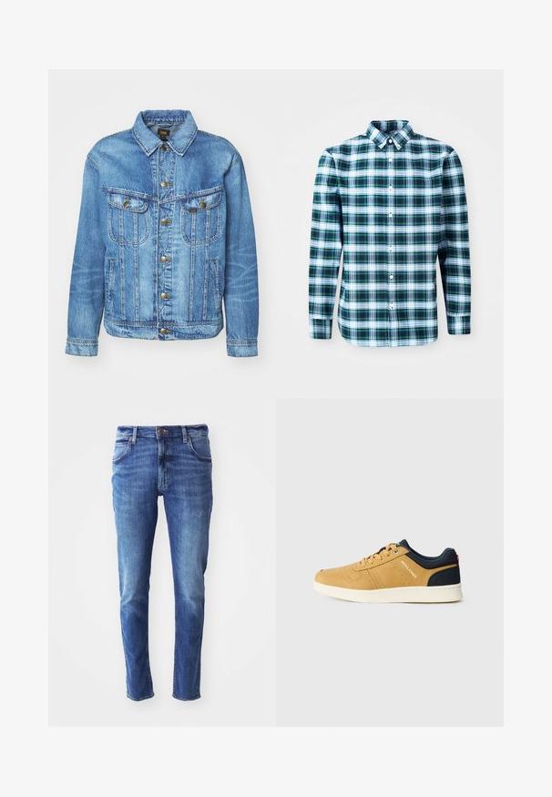 Hellblauer Denimjacke im klassischen Design, mit Knopfverschluss, zwei Brusttaschen und einem Kragen. Weiche Textur, lässiger Stil.; Grün-weiße karierte Langarmbluse mit klassischem Kragen und Knöpfen an der Vorderseite. Aus leichtem Stoff gefertigt, mit einem strukturierten Design.; Blaue Jeans aus Denim im Slim Fit mit einem Five-Pocket-Design und leichten Abnutzungen. Mit einer markierten Knopf- und Reißverschlussöffnung.; Braune Leder-Sneaker mit marineblauen Akzenten, runder Spitze, perforierten Details und weißer Gummisohle. Verfügt über eine Schnürung vorne und ein Logo an der Seite.