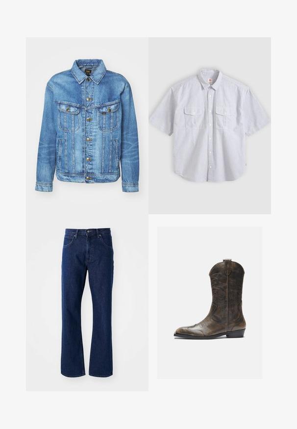Veste en denim bleu clair au design classique, avec fermeture à boutons, deux poches poitrine et col classique. Texture douce, style décontracté.; Chemise à manches courtes, rayures verticales grises claires et blanches, boutonnée sur le devant, avec deux poches à rabat et un col classique.; Jeans en denim droite bleu marine avec fermeture par bouton et fermeture éclair, passants de ceinture et poches avant, sur un fond uni.; Botte de cow-boy en cuir marron avec un long tige, un bout pointu, des motifs de couture complexes et un petit talon. Finition texturée tout au long.