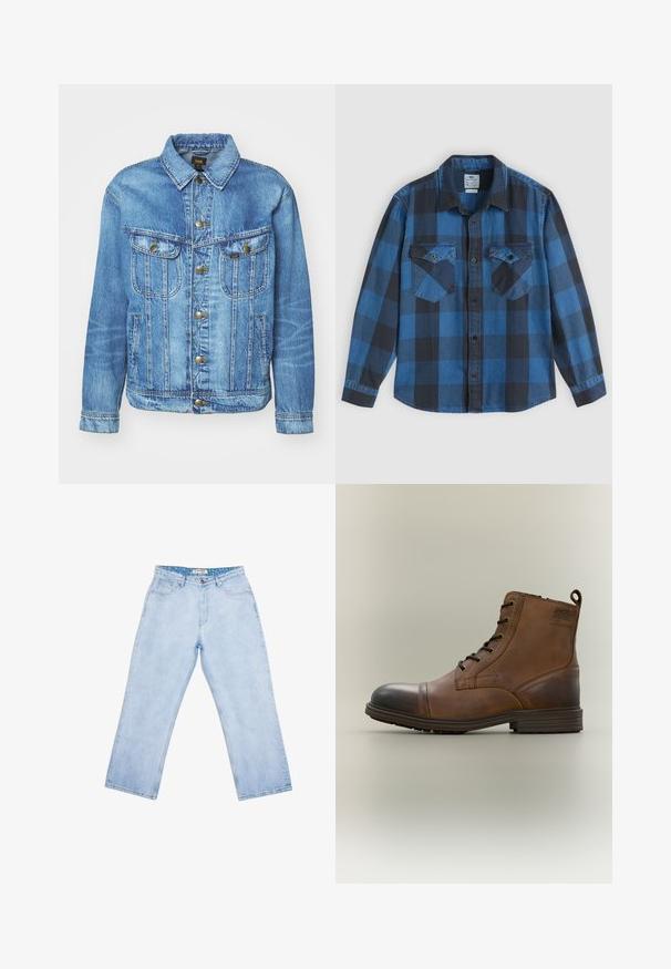 Lichtblauwe denimjas met een klassiek ontwerp, voorzien van een knoopsluiting, twee borstzakken en een kraag. Zachte textuur, casual stijl.; Blauwe en zwarte geblokte flanellen shirt, lange mouwen, knoopsluiting aan de voorkant, twee borstzakken, kraag en een zachte textuur.; Lichtblauwe high-waist jeans met rechte pijpen, voorzakken, riemlussen, knoopsluiting en een gebrand binnenlabel aan de tailleband.; Bruine leren enkellaars met veters, zwarte neuskap, ronde zool en merkdetail aan de zijkant tegen een effen achtergrond.