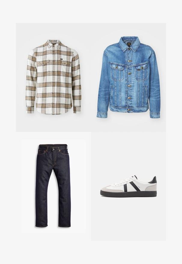 Lichtblauwe denimjas met een klassiek ontwerp, voorzien van een knoopsluiting, twee borstzakken en een kraag. Zachte textuur, casual stijl.; Lee CLEAN WESTERN - Overhemd - ecru ochre plaid; Donkerblauwe recht gesneden denim jeans met vijf zakken en oranje contrasterende stiknaden, plat gelegd op een witte achtergrond.; Witte sneaker met zwarte en grijze accenten, voorzien van een grijze neus met textuur, zwarte rubberen zool en platte witte veters. Schoon ontwerp, minimalistische stijl.