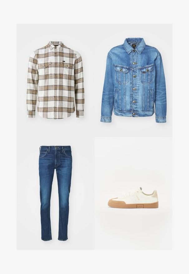 Lyseblå denimjakke med klassisk design, der har knaplukning, to brystlommer og en krave. Blød tekstur, afslappet stil.; Lee CLEAN WESTERN - Skjorter - ecru ochre plaid; Mørkeblå denimjeans med klassisk design med fem lommer, lige ben og let falmning på lårene. Metalaccenter ved taljen.; Hvide sneakers med tan ruskindlede accenter, afrundet tå, perforerede sidelommer, snørebåndsdesign og en gummisål med et mærke.