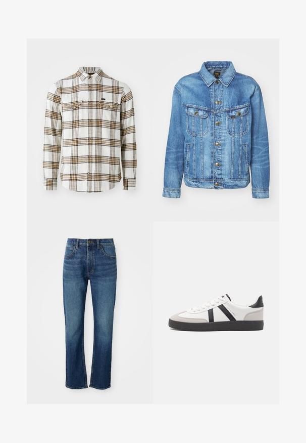 Chaqueta de mezclilla azul claro con un diseño clásico, con cierre de botones, dos bolsillos en el pecho y cuello con solapa. Textura suave, estilo casual.; Lee CLEAN WESTERN - Camisa - ecru ochre plaid; Jeans de mezclilla azul con un diseño de pierna recta, que cuentan con cinco bolsillos, una cremallera de botón y costuras amarillas en contraste. Textura suave.; Zapatilla blanca con acentos en negro y gris, que presenta una puntera texturizada en gris, suela de goma negra y cordones planos blancos. Diseño limpio, estilo minimalista.