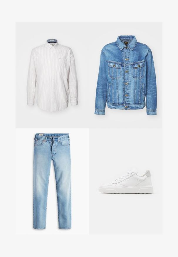 Lyseblå denimjakke med klassisk design, der har knaplukning, to brystlommer og en krave. Blød tekstur, afslappet stil.; Lysfarvet langærmet skjorte med tynde lodrette striber. Har en button-down krave og en brystlomme. Lavet af et tekstureret stof.; Lyseblå denimjeans med lige ben, der har fem lommer, bæltestropper og lukning med knapper.; Hvide lædersneakers med en glat finish, rund tå, flade snørebånd og en struktureret sål. Grå ruskindsdetalje ved hælen.