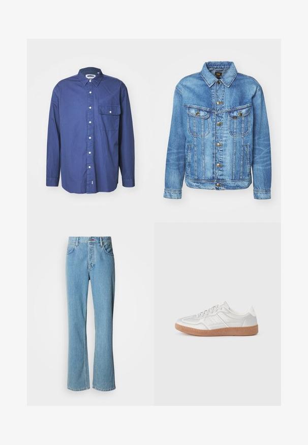 Veste en denim bleu clair au design classique, avec fermeture à boutons, deux poches poitrine et col classique. Texture douce, style décontracté.; Chemise à manches longues bleu marine en tissu tissé, avec un col pointu, une poche avant et des boutons blancs le long de la patte de boutonnage.; Jean en denim bleu clair évasé avec une taille haute, des rayures verticales et un design à cinq poches avec fermeture à bouton frontal.; Baskets argentées avec une texture lisse, un design à lacets, des accents perforés et une semelle en caoutchouc marron texturé.