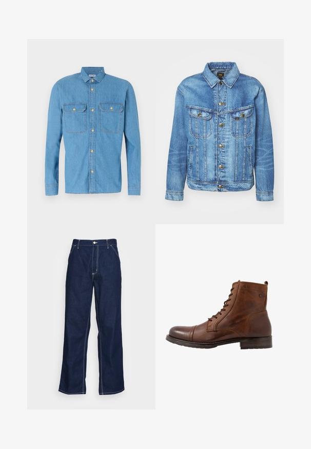 Veste en denim bleu clair au design classique, avec fermeture à boutons, deux poches poitrine et col classique. Texture douce, style décontracté.; Chemise en denim bleu clair à manches longues, fermeture à boutons sur le devant, deux poches poitrines, col pointu et boutons dorés. Texture lisse, design décontracté.; Pantalons en denim bleu foncé à jambes larges, dotés d'une taille haute, de poches avant et de surpiqûres blanches contrastantes le long des coutures.; Bottine en cuir marron avec un design à lacets, bout rond, semelle en caoutchouc et coutures tonales discrètes. Présente une petite boucle à l'arrière.
