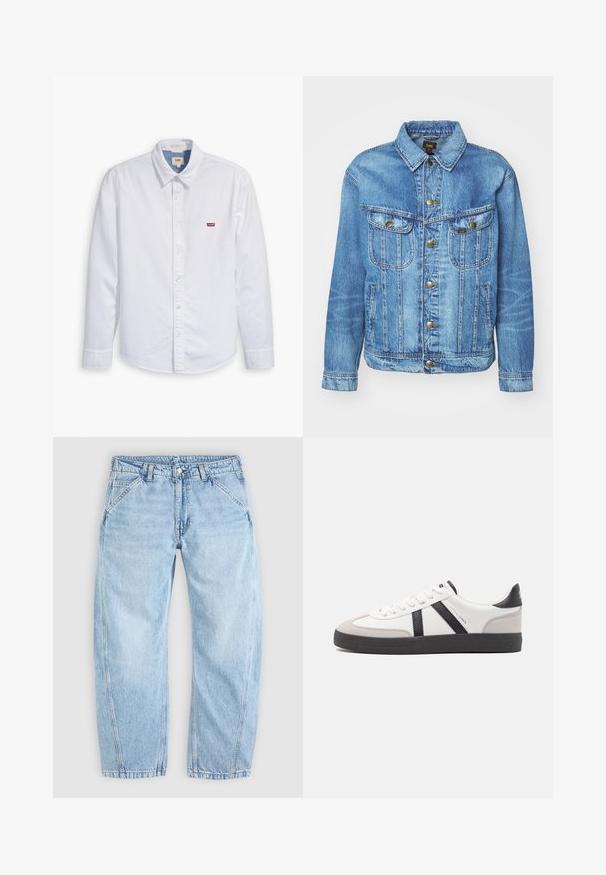Hellblauer Denimjacke im klassischen Design, mit Knopfverschluss, zwei Brusttaschen und einem Kragen. Weiche Textur, lässiger Stil.; Weißes, langärmliges Hemd mit Knopfverschluss aus Baumwolle. Verfügt über einen spitzen Kragen und ein kleines rotes Levi's-Logo auf der linken Brust. Glatte Textur.; Hellblaue Jeans aus Denim mit entspannter Passform, vorderem Knopf- und Reißverschluss, schrägen Vordertaschen und Gürtelschlaufen.; Weiße Sneaker mit schwarz- und grau-aczenten, ausgestattet mit einer strukturierten grauen Zehenkappe, schwarzer Gummi-Sohle und flachen weißen Schnürsenkeln. Sauberes Design, minimalistische Stil.