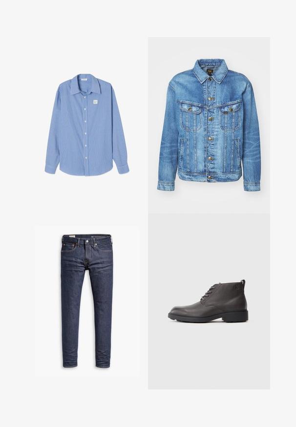 Lyseblå denimjakke med klassisk design, der har knaplukning, to brystlommer og en krave. Blød tekstur, afslappet stil.; Blå og hvide lodrette stribede skjorte med lange ærmer, spids krave, knapper foran og et lille firkantet logo på venstre bryst.; Mørkeblå slim-fit Levi's Performance jeans med fem lommer og synlig syning på hvid baggrund.; Sorte læder ankelstøvler med tekstureret overflade, rund tå, snørelukning og en lav, robust gummisål. Har logo detaljer på siden.