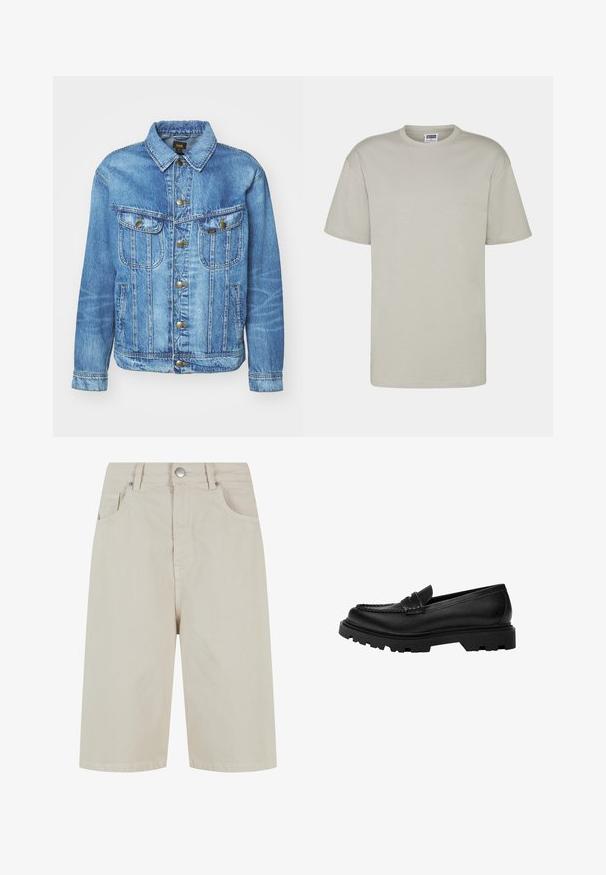 Veste en denim bleu clair au design classique, avec fermeture à boutons, deux poches poitrine et col classique. Texture douce, style décontracté.; T-shirt en coton gris clair à manches courtes, col rond et coupe décontractée. Pas de motifs ou de designs visibles. Coutures plates et longueur standard.; Shorts en denim beige avec une coupe droite, une fermeture à bouton à l'avant et quatre poches. Le tissu a une texture lisse et un minimum de détails de couture.; Mocassin en cuir noir avec une semelle robuste et texturée. Présente un bord décoratif en couture et un petit talon pour un design contemporain.