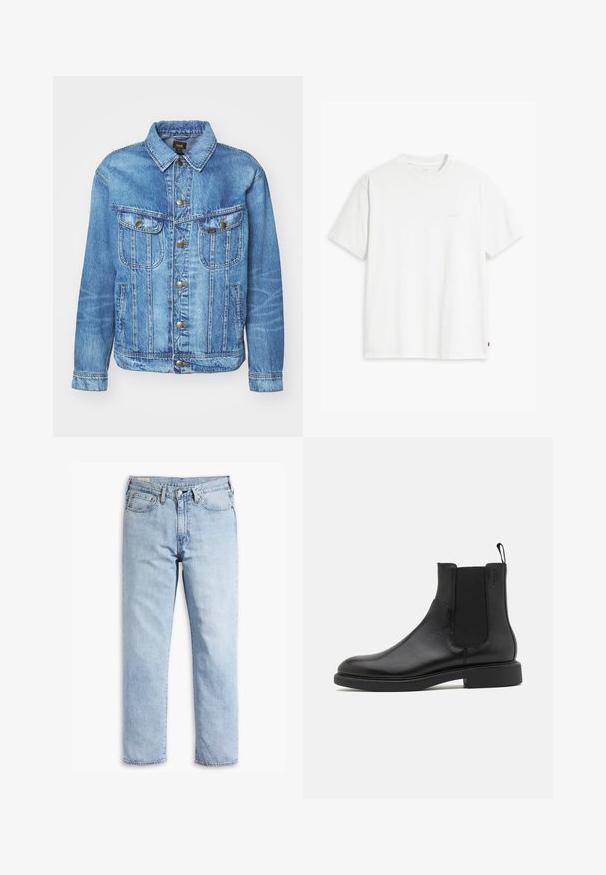 Lyseblå denimjakke med klassisk design, der har knaplukning, to brystlommer og en krave. Blød tekstur, afslappet stil.; Hvid t-shirt i bomuld med korte ærmer, rund halsudskæring og en diskret "Levi's"-logo trykt i lyse farver på forsiden.; Lyseblå denimjeans med lige ben, fem-lommerstil og robust syning. Har lynlås og metalknap.; Sort læder ankelstøvle med glat overflade, elastiske sidepaneler og en trækstrop. Rund tå og flad gummisål med minimal mønster.