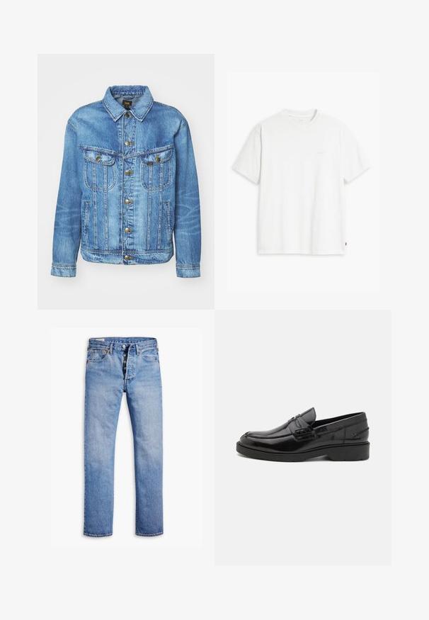 Hellblauer Denimjacke im klassischen Design, mit Knopfverschluss, zwei Brusttaschen und einem Kragen. Weiche Textur, lässiger Stil.; Weißes Baumwoll-T-Shirt mit kurzen Ärmeln, rundem Ausschnitt und einem dezenten "Levi's"-Logo in heller Farbe auf der Vorderseite.; Helle blaue Jeans mit geradem Bein, Fünf-Knopf-Verschluss, Gürtelschlaufen und dezentem Verblassen. Verfügt über zwei Fronttaschen und kupferfarbene Nieten.; Schwarze Lederloafers mit glatter Oberfläche, abgerundetem Zehenbereich, niedrigem Absatz und dekorativer Naht entlang der Vorderseite. Gummisohle für guten Halt.