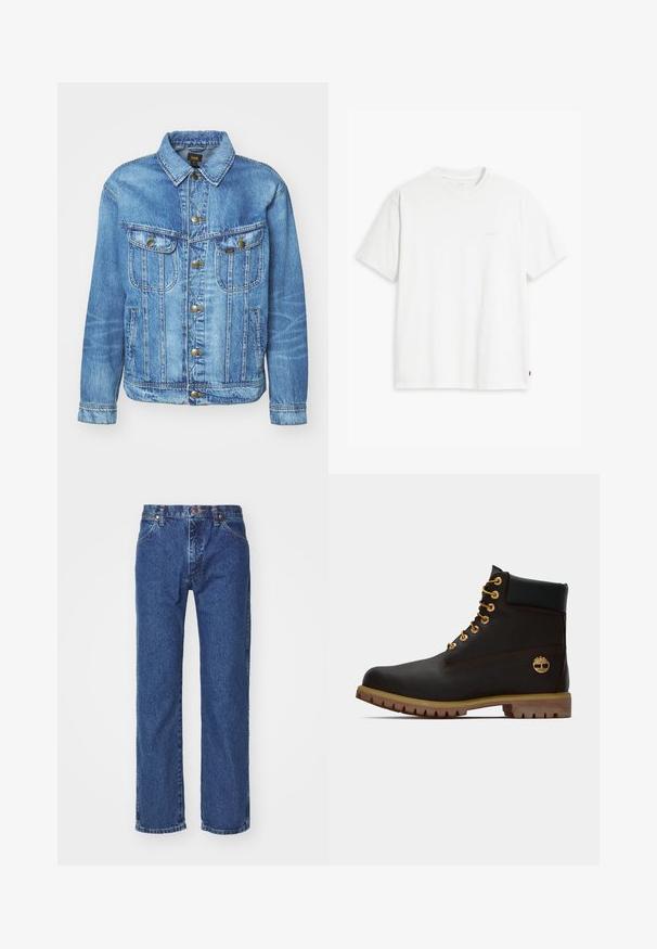 Lyseblå denimjakke med klassisk design, der har knaplukning, to brystlommer og en krave. Blød tekstur, afslappet stil.; Hvid t-shirt i bomuld med korte ærmer, rund halsudskæring og en diskret "Levi's"-logo trykt i lyse farver på forsiden.; Straight-leg blå denim jeans med frontknap, lynlås, bæltestropper og fem-lomme design på en ensfarvet hvid baggrund.; Sorte læder ankelstøvle med gyldne øjer, brune detaljer og gummisål. Har en polstret krave og præget logo på siden.