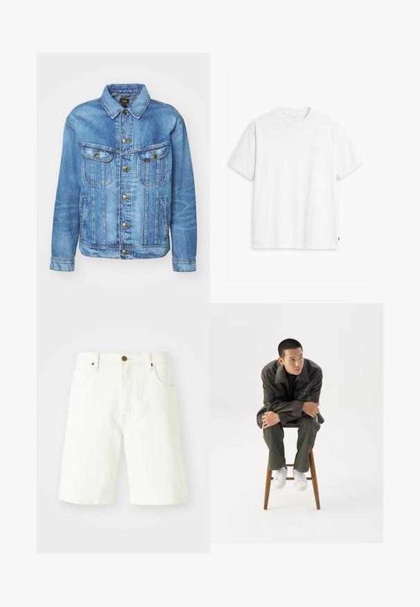 Veste en denim bleu clair au design classique, avec fermeture à boutons, deux poches poitrine et col classique. Texture douce, style décontracté.; T-shirt en coton blanc à manches courtes, col rond, avec un logo "Levi's" discret imprimé en couleur claire sur le devant.; Shorts en denim blanc avec une coupe droite, design classique à cinq poches et fermeture à bouton en cuivre. Texture lisse et bords ourlés.; Jeune homme en veste en cuir foncée et jean, assis sur un tabouret en bois, penché en avant, les bras croisés, regardant sur le côté sur fond blanc.