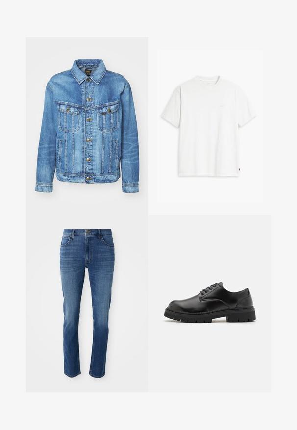Lyseblå denimjakke med klassisk design, der har knaplukning, to brystlommer og en krave. Blød tekstur, afslappet stil.; Hvid t-shirt i bomuld med korte ærmer, rund halsudskæring og en diskret "Levi's"-logo trykt i lyse farver på forsiden.; Blå denim jeans med lige snit, fem lommer og lynlås. Har subtle farvefading og kontraststing langs sømmene.; Sorte lædersko med rund tå, snørelukning og en tykk, struktureret gummisål. Har syninger langs kanten og en glat overflade.