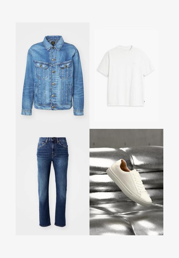 Veste en denim bleu clair au design classique, avec fermeture à boutons, deux poches poitrine et col classique. Texture douce, style décontracté.; T-shirt en coton blanc à manches courtes, col rond, avec un logo "Levi's" discret imprimé en couleur claire sur le devant.; Jean en denim bleu foncé avec une coupe droite, cinq poches et des accessoires en ton cuivré. Présente une légère décoloration sur les cuisses.; Baskets basses blanches flottant au-dessus d'une surface en cuir argenté brillant capitonnée.