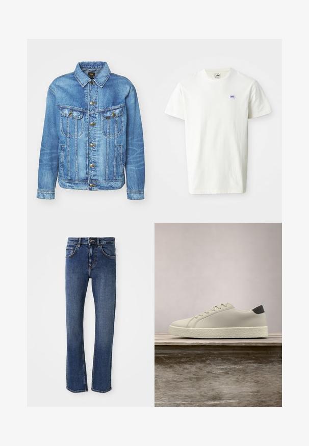 Chaqueta de mezclilla azul claro con un diseño clásico, con cierre de botones, dos bolsillos en el pecho y cuello con solapa. Textura suave, estilo casual.; Camiseta de algodón blanca con cuello redondo y mangas cortas. Presenta un pequeño logotipo rectangular en púrpura y azul de Lee en el lado izquierdo del pecho.; Jeans de mezclilla azul claro con un diseño de pierna recta, estilo de cinco bolsillos y cierre de botón metálico. Presenta costuras sutiles y una textura suave.; Zapatilla blanca con suela texturizada y detalle negro en el talón, flotando sobre un banco de madera con hierba alta y verde de fondo.