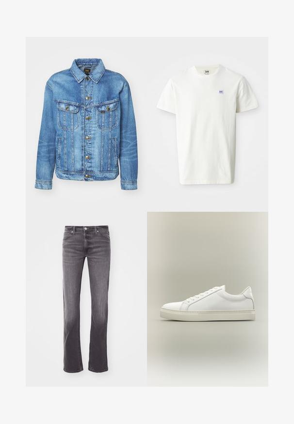 Hellblauer Denimjacke im klassischen Design, mit Knopfverschluss, zwei Brusttaschen und einem Kragen. Weiche Textur, lässiger Stil.; Weißes Baumwoll-T-Shirt mit Rundhalsausschnitt und kurzen Ärmeln. Auf der linken Brust befindet sich ein kleines rechteckiges Logo von Lee in lila und blau.; Nahaufnahme von schwarzen Denim-Jeans auf der Rückseite mit Lee-Lederpatch und kleinem Stofflabel, getragen mit einem in die Hose gesteckten weißen Hemd.; Weißer Sneaker mit niedrigem Schaft, vorn mit Schnürung und dicker Sohle, aus der Seitenansicht vor neutralem Hintergrund.