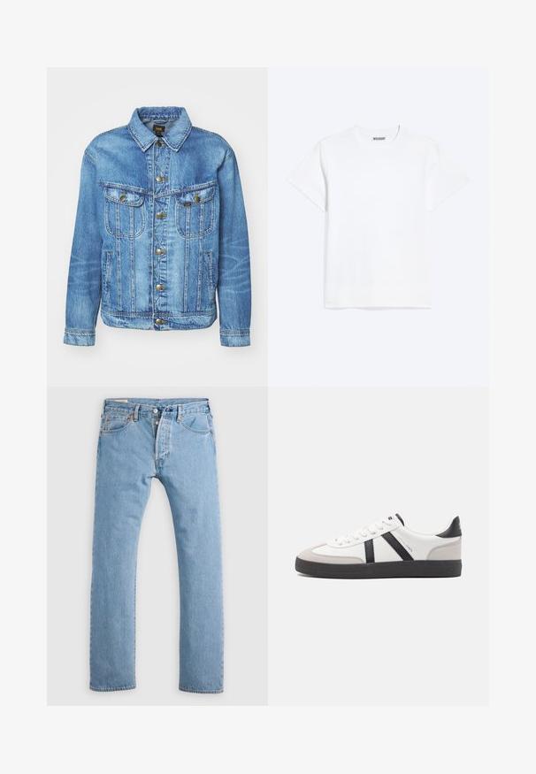 Veste en denim bleu clair au design classique, avec fermeture à boutons, deux poches poitrine et col classique. Texture douce, style décontracté.; T-shirt blanc uni à manches courtes et col rond, avec une étiquette "WEEKDAY" à l'intérieur du col arrière, présenté sur un fond clair.; Jean en denim droit bleu clair avec fermeture à boutons, passants de ceinture, et poches avant et arrière, présenté sur un fond blanc.; Baskets blanches avec des accents noirs et gris, présentant un embout texturé gris, une semelle en caoutchouc noir et des lacets plats blancs. Design épuré, style minimaliste.