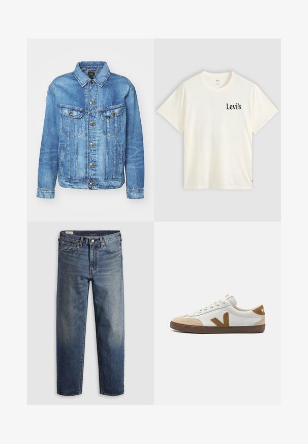 Hellblauer Denimjacke im klassischen Design, mit Knopfverschluss, zwei Brusttaschen und einem Kragen. Weiche Textur, lässiger Stil.; Weißes T-Shirt mit kurzen Ärmeln und Rundhalsausschnitt mit kleinem schwarzem Levi's-Logo auf der linken Brustseite vor einfarbigem Hintergrund.; Dunkelblaue Jeans aus Denim mit lockerem Sitz, geraden Beinen, Fünf-Taschen-Design und dezentem Used-Look an den Oberschenkeln. Silberner Knopf und Nieten.; Weißer Sneaker mit hellbraunen Wildlederelementen, ausgestattet mit einer strukturierten braunen Gummisohle, Schnürverschluss und einem Logo an der Ferse.