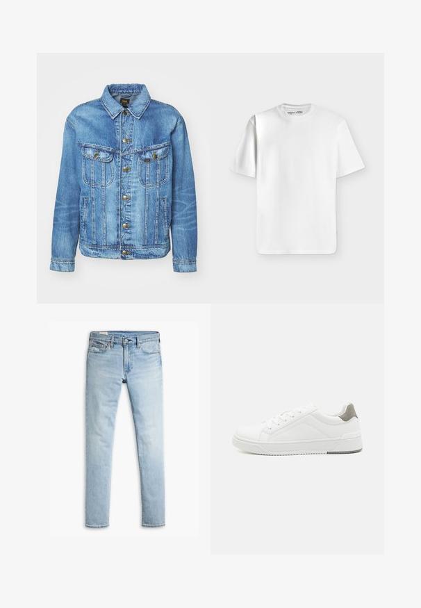 Hellblauer Denimjacke im klassischen Design, mit Knopfverschluss, zwei Brusttaschen und einem Kragen. Weiche Textur, lässiger Stil.; Schlichtes weißes T-Shirt mit kurzen Ärmeln und Rundhalsausschnitt, flach auf einem hellgrauen Hintergrund liegend mit einem kleinen Markenlabel im Halsausschnitt.; Helle blaue, schmal geschnittene Jeans aus Denim mit Knopf- und Reißverschluss, Fronttaschen und Gürtelschlaufen auf weißem Hintergrund.; Weißer Sneaker aus glattem Leder, runde Zehenpartie, minimalistisches Design, graue Fersenkante und strukturierte Gummisohle.