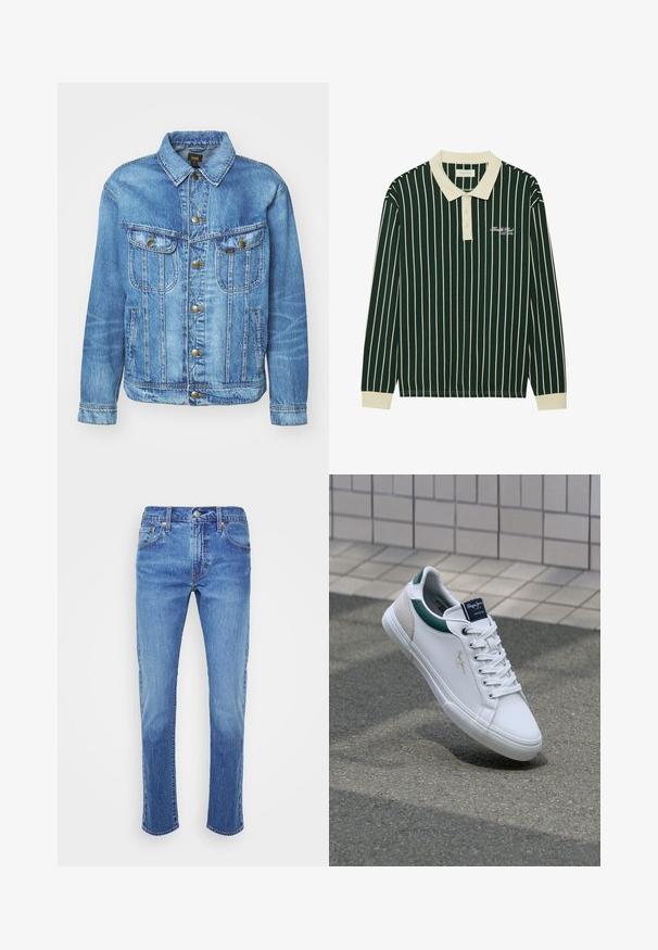 Hellblauer Denimjacke im klassischen Design, mit Knopfverschluss, zwei Brusttaschen und einem Kragen. Weiche Textur, lässiger Stil.; Langarm-Polo-Shirt in Dunkelgrün mit weißen vertikalen Streifen. Es verfügt über einen beigen Kragen, eine Drei-Knopf-Leiste und ein gesticktes Logo.; Hellblaue Jeans aus Denim mit geradem Beinschnitt, Fünf-Taschen-Design und Kupfernieten. Der Stoff hat eine leichte Textur mit Ausbleichungen.; Weiße Leder-Sneaker mit grünen und beigen Akzenten, die über eine strukturierte Sohle, eine runde Schuhspitze und ein traditionelles Schnürdesign verfügen.