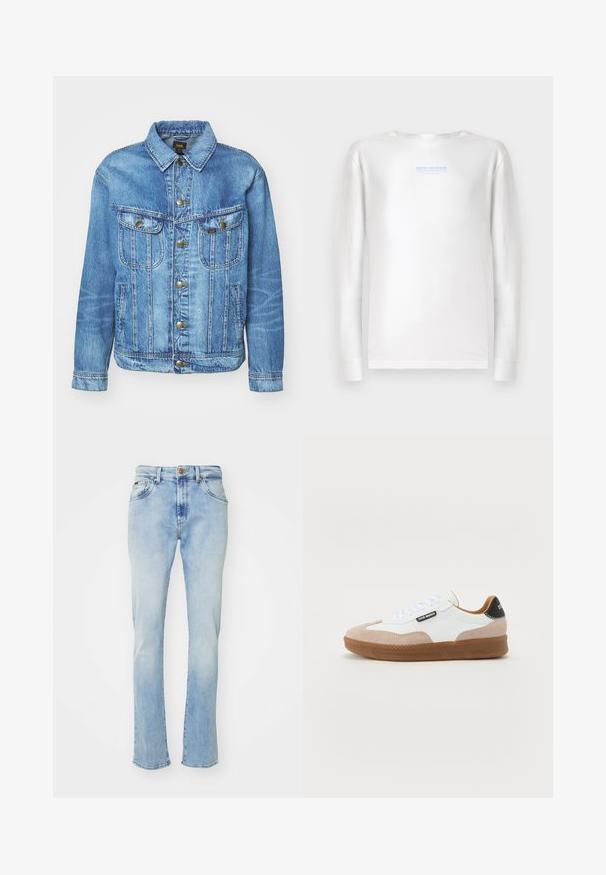 Lyseblå denimjakke med klassisk design, der har knaplukning, to brystlommer og en krave. Blød tekstur, afslappet stil.; TOM TAILOR DENIM Langærmet T-shirt - white; Lyseblå denim jeans med lige pasform, der har fem lommer, knaplukning og subtil falming ved lårene og kanten.; Hvide og beige ruskinds sneakers med en brun gummi sål, flade snørebånd og en sort hæl-accent. Har logo detaljer på siden.