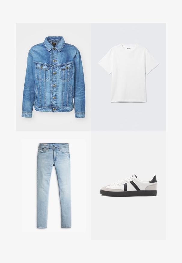 Hellblauer Denimjacke im klassischen Design, mit Knopfverschluss, zwei Brusttaschen und einem Kragen. Weiche Textur, lässiger Stil.; Weißes T-Shirt mit kurzen Ärmeln und Rundhalsausschnitt, flach liegend, schlichtes Design, mit „WEEKDAY“-Etikett innen im Kragen auf hellem Hintergrund.; Helle blaue, schmal geschnittene Jeans aus Denim mit Knopf- und Reißverschluss, Fronttaschen und Gürtelschlaufen auf weißem Hintergrund.; Weiße Sneaker mit schwarz- und grau-aczenten, ausgestattet mit einer strukturierten grauen Zehenkappe, schwarzer Gummi-Sohle und flachen weißen Schnürsenkeln. Sauberes Design, minimalistische Stil.