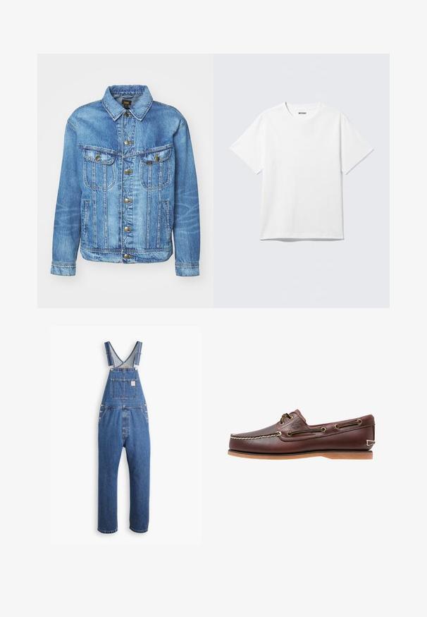 Hellblauer Denimjacke im klassischen Design, mit Knopfverschluss, zwei Brusttaschen und einem Kragen. Weiche Textur, lässiger Stil.; Weißes T-Shirt mit kurzen Ärmeln und Rundhalsausschnitt, flach liegend, schlichtes Design, mit „WEEKDAY“-Etikett innen im Kragen auf hellem Hintergrund.; Denim-Latzhose in Mittelblau, mit verstellbaren Trägern, einer Brusttasche und metallischen Beschlägen, im lässigen Schnitt und geradem Bein-Design.; Brauner Leder-Bootsschuh mit weißen Nähten, Schnürdetails und hellbrauner Gummisohle, seitlich auf weißem Hintergrund gezeigt.