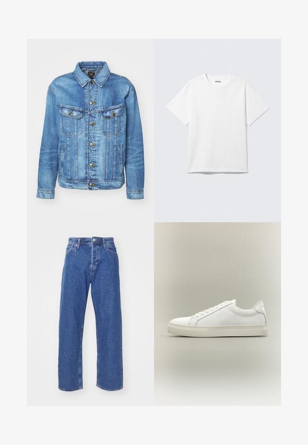 Lichtblauwe denimjas met een klassiek ontwerp, voorzien van een knoopsluiting, twee borstzakken en een kraag. Zachte textuur, casual stijl.; Witte T-shirt met korte mouwen en ronde hals, plat gelegd, effen ontwerp, met een "WEEKDAY" label in de kraag op een lichte achtergrond.; Blauwe denim jeans met een rechte pijp, voorzien van een knoop en rits, vijf zakken en minimale stikdetails.; Witte lage sneaker met veters aan de voorkant en dikke zool, zijaanzicht tegen een neutrale achtergrond.