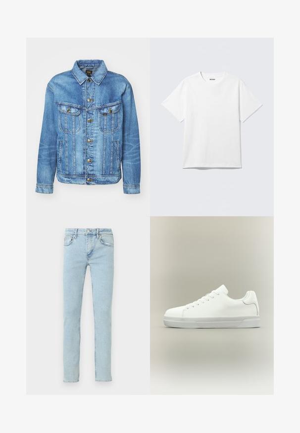 Lichtblauwe denimjas met een klassiek ontwerp, voorzien van een knoopsluiting, twee borstzakken en een kraag. Zachte textuur, casual stijl.; Witte T-shirt met korte mouwen en ronde hals, plat gelegd, effen ontwerp, met een "WEEKDAY" label in de kraag op een lichte achtergrond.; Lichtblauwe spijkerbroek met rechte pijpen, voorzien van vijf zakken, subtiele vervaging en klassieke stikseldetails.; Witte lage sneaker met veters aan de voorkant, gevoerde kraag en gerubberde zool met textuur, zijaanzicht op een neutrale achtergrond.