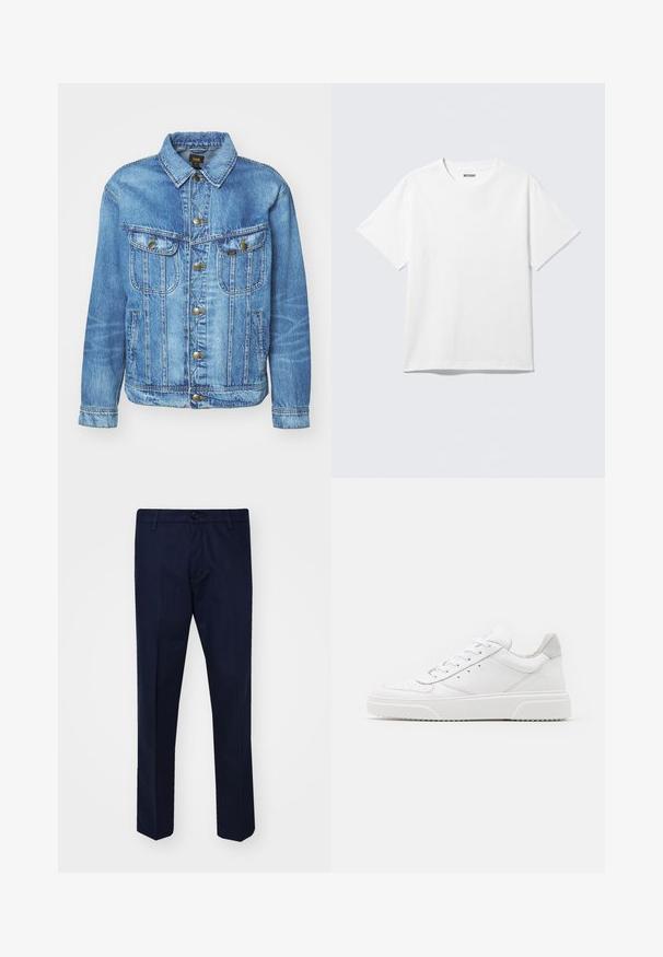 Hellblauer Denimjacke im klassischen Design, mit Knopfverschluss, zwei Brusttaschen und einem Kragen. Weiche Textur, lässiger Stil.; Weißes T-Shirt mit kurzen Ärmeln und Rundhalsausschnitt, flach liegend, schlichtes Design, mit „WEEKDAY“-Etikett innen im Kragen auf hellem Hintergrund.; Dunkelblaue Hose aus glattem Stoff, mit geraden Beinen, einem Knopfverschluss und frontalen Taschen.; Weiße Leder-Sneaker mit glatter Oberfläche, rundem Zehenbereich, flachen Schnürsenkeln und strukturiertem Schuhsohlen. Graues Wildleder-Detail an der Ferse.