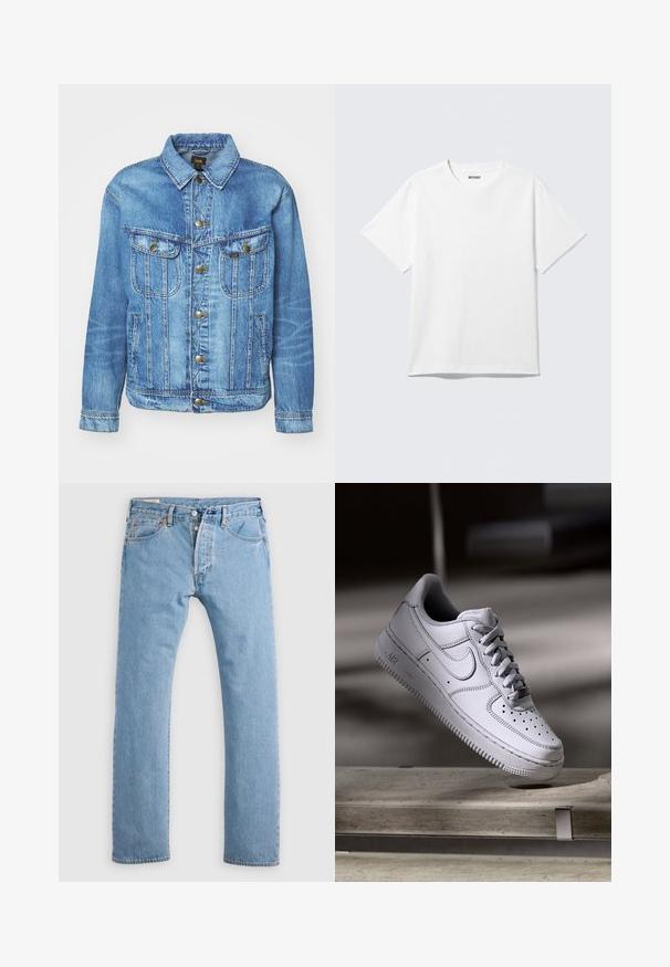Lyseblå denimjakke med klassisk design, der har knaplukning, to brystlommer og en krave. Blød tekstur, afslappet stil.; Hvid kortærmet crewneck T-shirt lagt fladt ud, ensfarvet design, med "WEEKDAY" mærkat inde i kraven på en lys baggrund.; Lys blå lige ben denim jeans med knaplukning, bæltestropper og for- og baglommer, vist på en hvid baggrund.; Hvid læder Nike Air Force 1 sneaker med perforeret tå, flade snørebånd og tekstureret gummisål med "AIR" branding på siden.