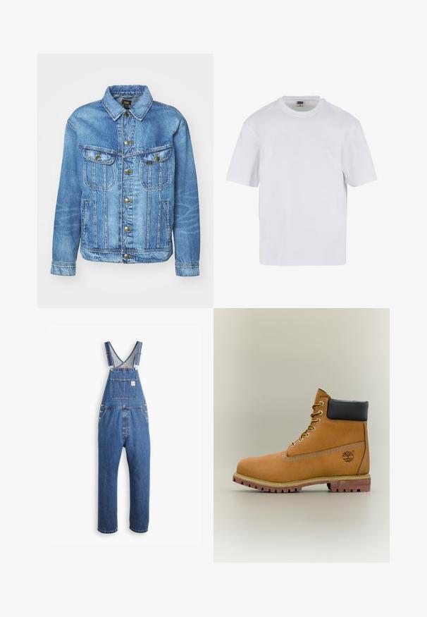Lichtblauwe denimjas met een klassiek ontwerp, voorzien van een knoopsluiting, twee borstzakken en een kraag. Zachte textuur, casual stijl.; Witte kraagloze t-shirt met korte mouwen, gemaakt van katoen. Heeft een ronde halslijn en een losse pasvorm. Soepele textuur, minimalistisch ontwerp, geen patronen of accenten.; Denim tuinbroek in medium blauw, met verstelbare schouderbanden, een borstzak en metalen hardware. Het heeft een relaxte pasvorm en een recht model.; Bruine leren enkellaars met zwarte kraag, gele veters en een zandkleurige zool. Voorzien van een logo en witte stikseldetails. Robuuste loopzool met grip.