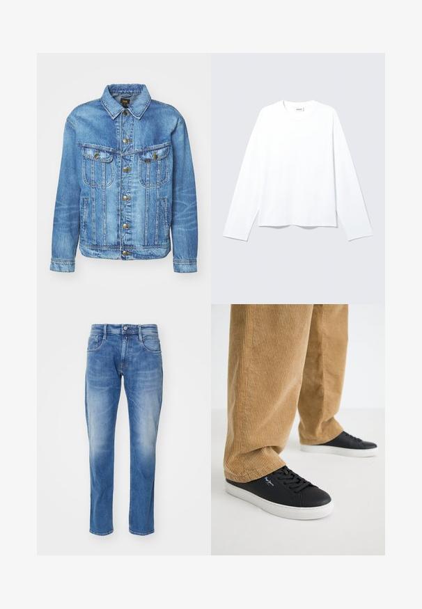 Chaqueta de mezclilla azul claro con un diseño clásico, con cierre de botones, dos bolsillos en el pecho y cuello con solapa. Textura suave, estilo casual.; Camiseta blanca lisa de manga larga con cuello redondo, corte holgado y etiqueta de la marca visible en el cuello, colocada plana sobre un fondo claro.; Jeans de mezclilla azul claro con corte recto, diseño de cinco bolsillos, un ligero desgastado y una cinturilla estándar con cierre de botón.; Zapatillas de cuero negro con suelas de goma blanca. Llevadas con pantalones de pana en color beige, con acanaladuras verticales y un ajuste relajado.