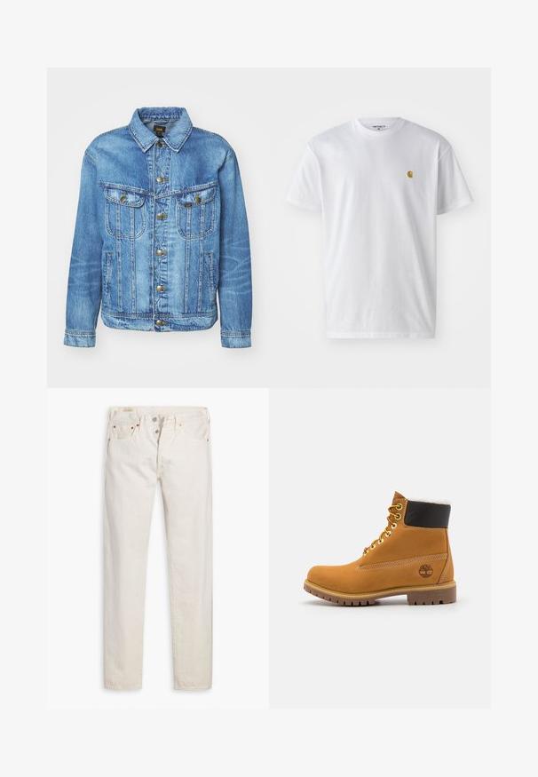 Hellblauer Denimjacke im klassischen Design, mit Knopfverschluss, zwei Brusttaschen und einem Kragen. Weiche Textur, lässiger Stil.; Weißes Baumwoll-T-Shirt mit kurzen Ärmeln, Rundhalsausschnitt, mit einem kleinen goldenen Logo im linken Brustbereich. Weicher Stoff und normale Passform.; Helle, hoch geschnittene Slim-Fit-Jeans in Off-White mit Knopfverschluss, fünf Taschen und kupferfarbenen Nieten, flach auf einem weißen Hintergrund gelegt.; Braune Leder-Ankle-Boots mit Metallösen, weißem Kunstfellfutter, schwarzem gepolstertem Kragen, robustem Sohlenprofil und geprägtem Logo an der Seite.
