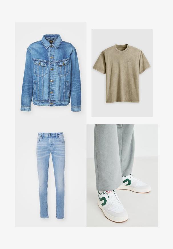 Hellblauer Denimjacke im klassischen Design, mit Knopfverschluss, zwei Brusttaschen und einem Kragen. Weiche Textur, lässiger Stil.; Helles braunes T-Shirt mit kurzen Ärmeln und Rundhalsausschnitt, aus weichem Stoff gefertigt. Verfügt über ein kleines, gesticktes Logo auf der Brust.; Helle blaue Denim-Jeans mit schlankem Schnitt, ausgestattet mit einem Fünf-Taschen-Design, Gürtelschlaufen und einem Knopfverschluss. Der Stoff hat eine weiche Textur.; Weiße und grüne Sneakers aus glattem Leder und Wildleder, mit einem auffälligen grünen Logo-Akzent und weißen Schnürsenkeln. Graue Hosen sind teilweise sichtbar.