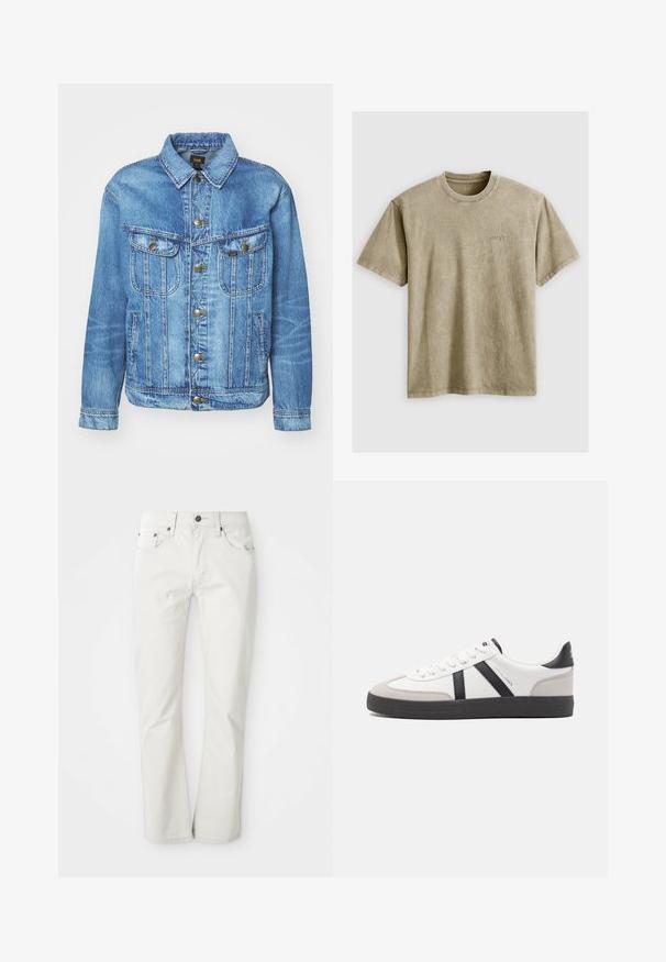Veste en denim bleu clair au design classique, avec fermeture à boutons, deux poches poitrine et col classique. Texture douce, style décontracté.; T-shirt marron clair à manches courtes avec un col rond, fabriqué en tissu doux. Présente un petit logo brodé sur la poitrine.; Jean clair en mélange de coton. Design à jambe droite avec cinq poches et fermeture à bouton en métal. Texture lisse.; Baskets blanches avec des accents noirs et gris, présentant un embout texturé gris, une semelle en caoutchouc noir et des lacets plats blancs. Design épuré, style minimaliste.