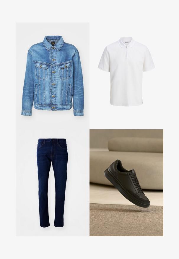 Lichtblauwe denimjas met een klassiek ontwerp, voorzien van een knoopsluiting, twee borstzakken en een kraag. Zachte textuur, casual stijl.; Witte polo shirt van textured katoen, met een ritsluiting, korte mouwen en een kraag. Subtiele branding aan de linker voorkant.; Donkerblauwe spijkerbroek met een rechte pijp, vijf zakken en een klassieke knoopsluiting. De stof heeft een gladde textuur met subtiele vervaging.; Zwarte leren UGG sneaker met zwarte veters die boven een beige tapijt en een beige bank zweeft.
